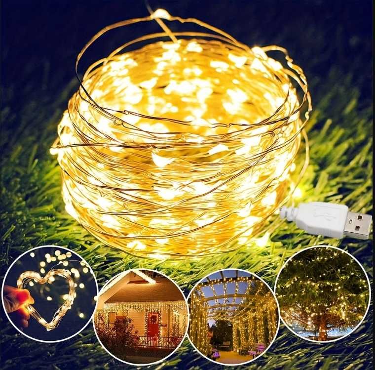 LED лампички с USB зареждане – 10 м, топла бяла светлина за декорация