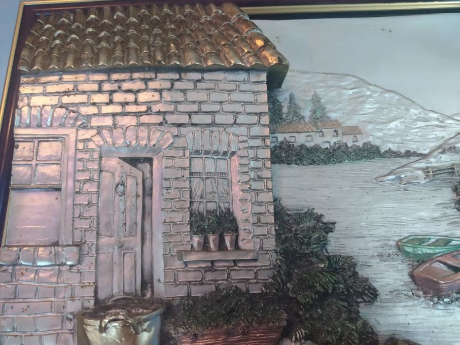 Tablou in relief argint 925, oglinda cristal, pescuit, lac de munte