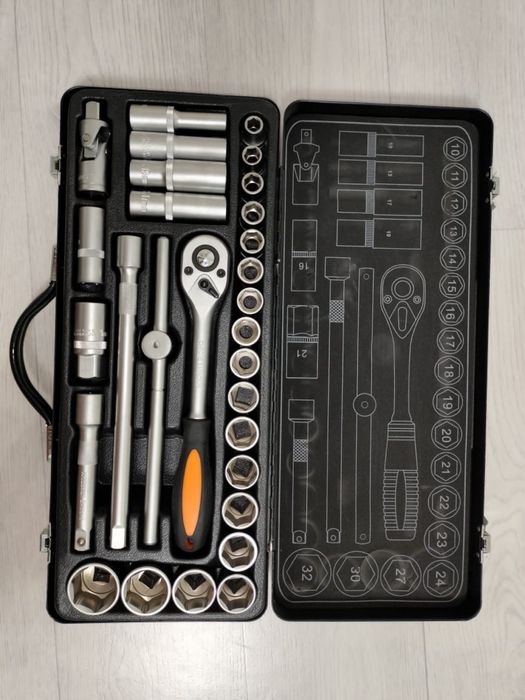 Набор торцевых головок, с трещоткой, с удлинителями, 32 предмета