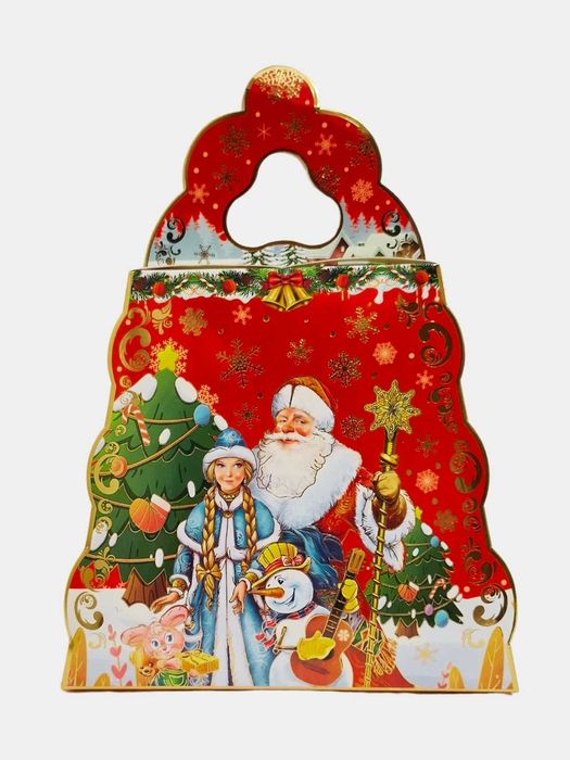 Qizil rangli, Qorbobo va bayramona bezaklar tasvirlangan sovg'a qutisi