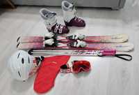 Лыжи, ботинки лыжные (34р), палки, шлем, очки, балаклава в комплекте