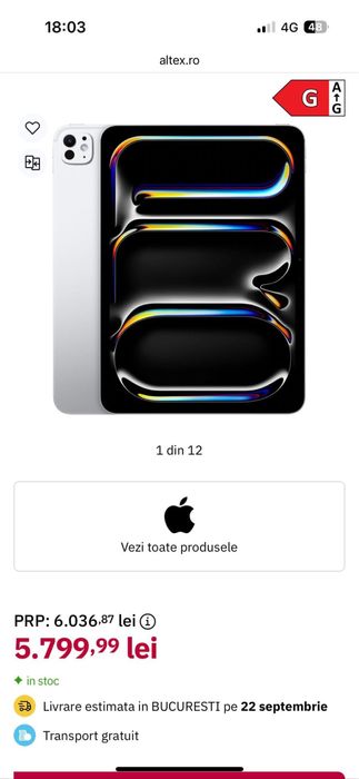 Tableta APPLE iPad Pro 11" (M4), 256GB, 8GB RAM, Wi-Fi Noua