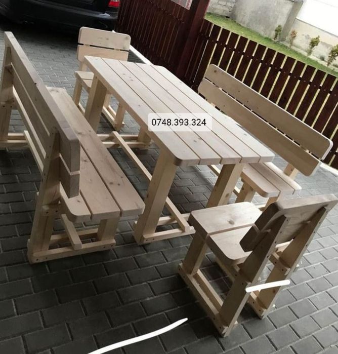 Mobilier  rustic  masa cu bănci scaune lemn terasă foișor