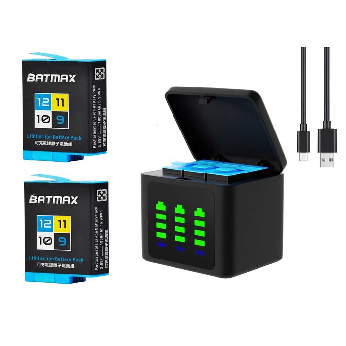 Set 2 acumulatori + incarcator triplu USB-C GoPro Hero 9 10 11 12