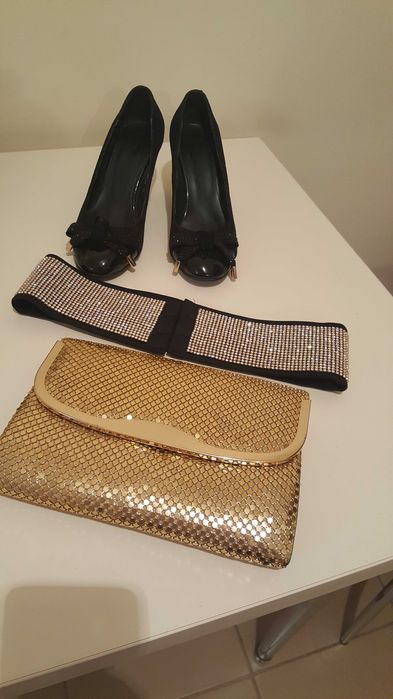 Set superb curea geanta si pantofi 36.5 negru auriu