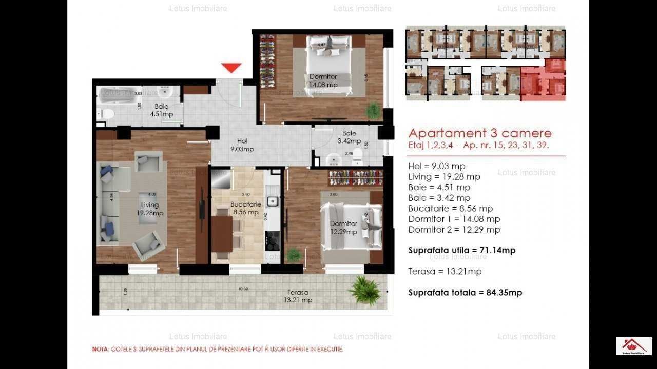 Apartament 3 camere -  84 mp bloc nou + parcare subterana