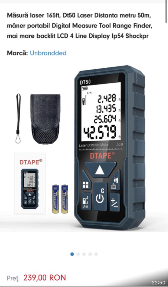 Telemetru laser, portabil DTape DT50, 2mm acuratete, profesional