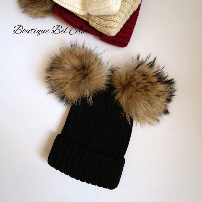 Зимна шапка с помпони от естествен косъм, зимни шапки, естествен пух