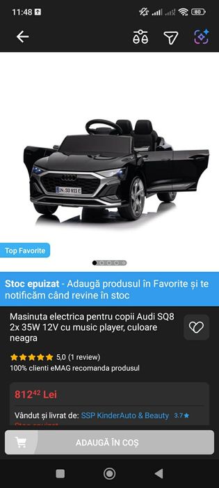 Vând mașinuță electrică Audi SQ8 2×35W 12V cu muzic player