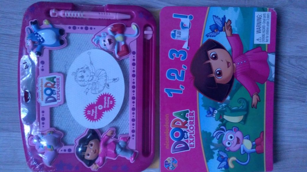 Set fete, Dora  2-3 ani: tablita magnet.,carte lb. engleza,compleu-NOI