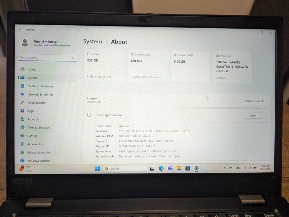 Laptop Lenovo ThinkPad L13 IntelCore i5 11gen, 8GB, 256SSD