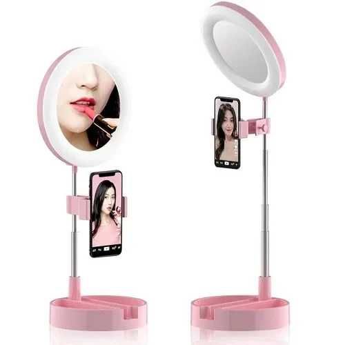 Огледало с пръстеновидна лампа и стойка за телефон