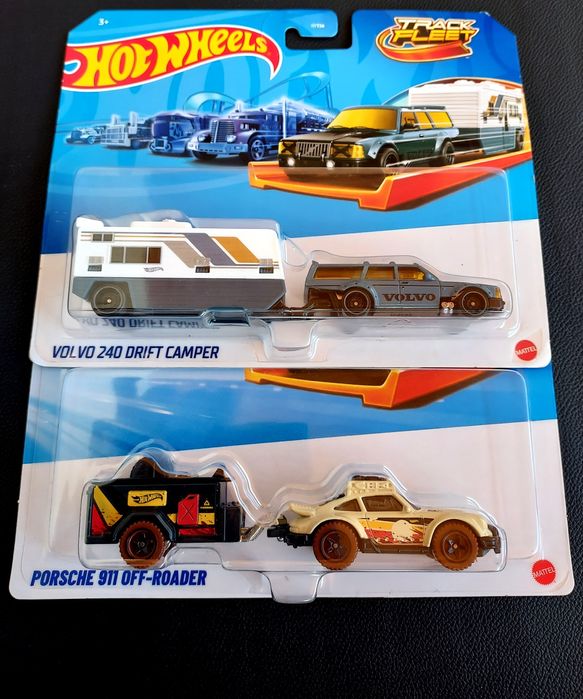 Macheta masinuta Volvo+Porsche+remorca rulota camping+travel-Hotwheels