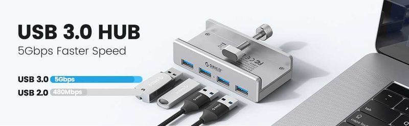 Orico хъб USB 3.0 HUB Clip Type 4 port +  power input MH4PU-P-SV-BP