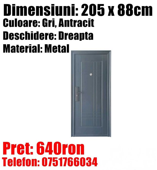 Usa Intrare Metalica Dreapta Apartament Birou Sediu Casa GRI 205x88cm
