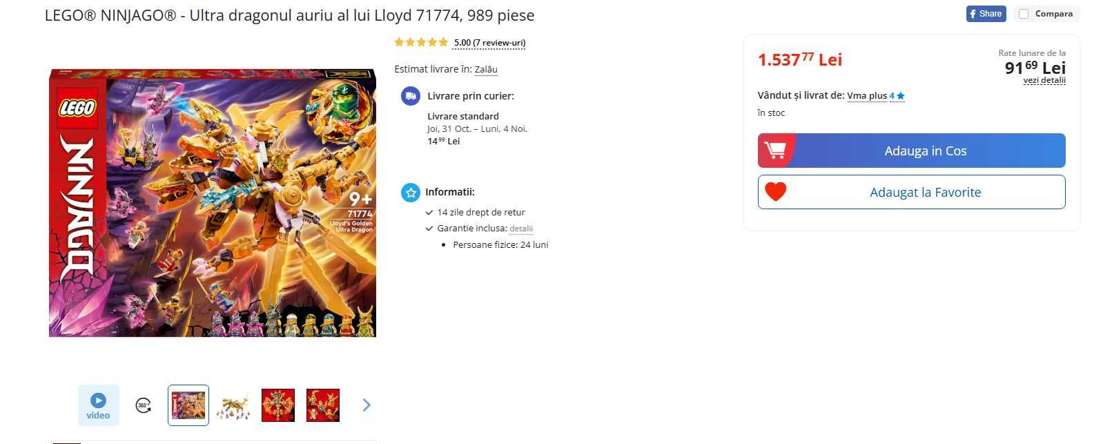 LEGO NINJAGO Ultra dragonul auriu al lui Lloyd 71774 989 piese SIGILAT