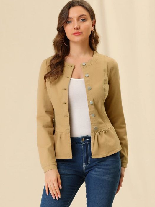 Дамско дънково яке Allegra K, къс модел, цвят Khaki S