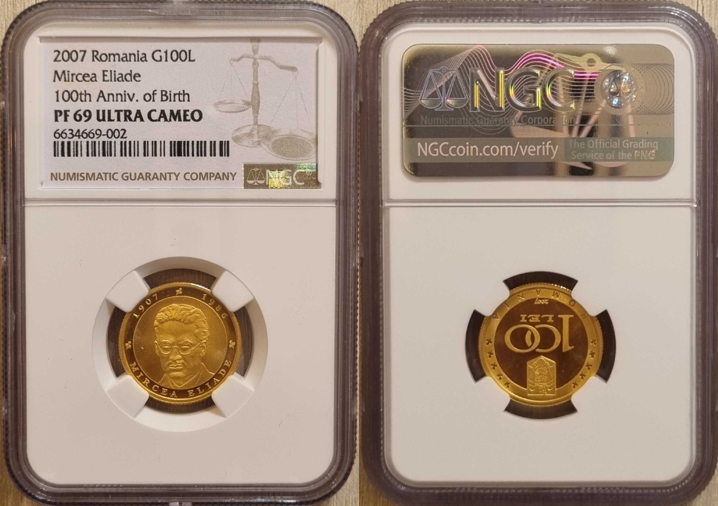 Moneda aur BNR 100 Lei, Mircea Eliade, gradata NGC PF 69