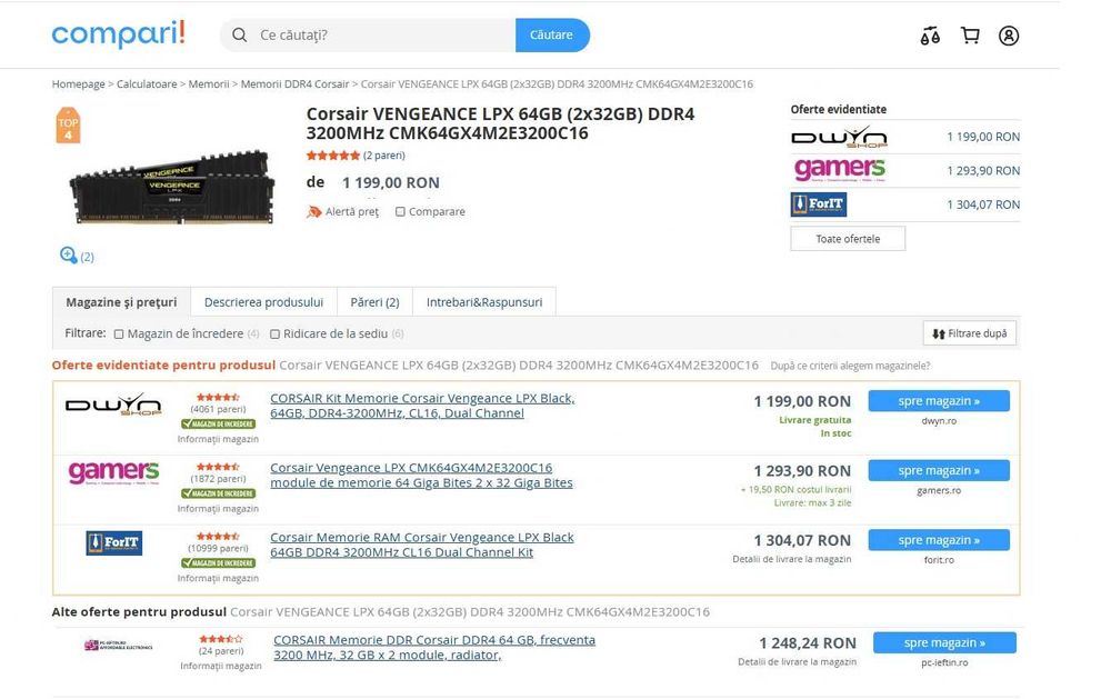 Memorie RAM Corsair Vengeance LPX Black 64GB DDR4 3200MHz CL16 Dual