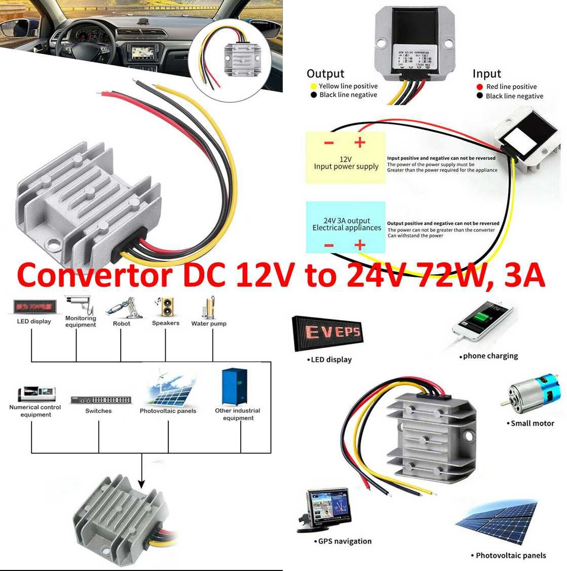 Regulator Convertor DC 12V to 24V 72W, 3A Nou ambalat!