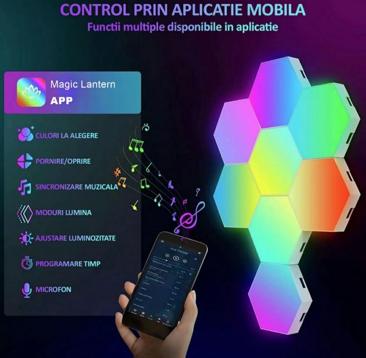 Set 6 lămpi RGB hexagonale modulare de perete