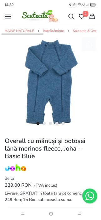 Overall cu mănuși și botoșei lână merinos fleece, Joha - Basic Blue