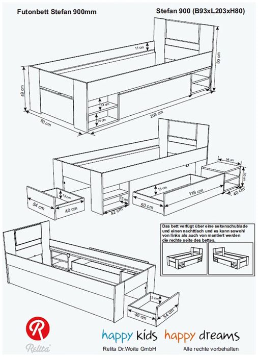 Pat single Relita – cu sertare mari, noptieră pe roți