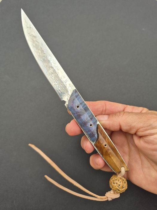 Компактен ловен нож,фултанг дамаска стомана с кожена кания, LN426