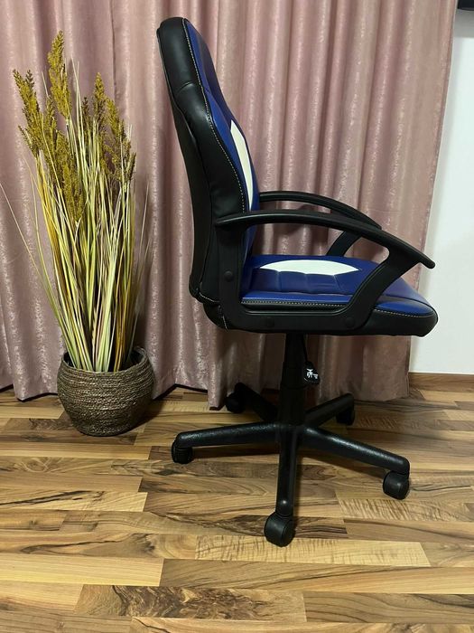 Scaun piele pentru birou, gaming, albastru-alb