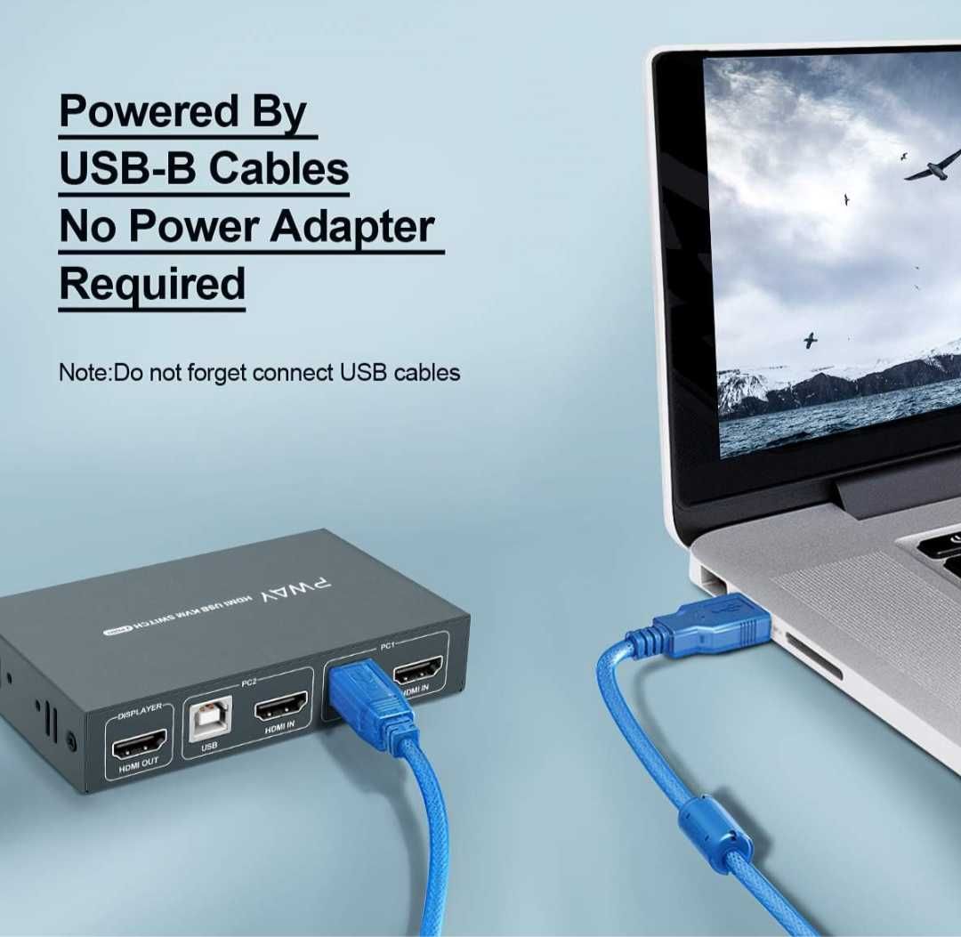 KVM превключвател HDMI 2в1  4K 30Hz с USB 2.0 хъбове с комплект кабели