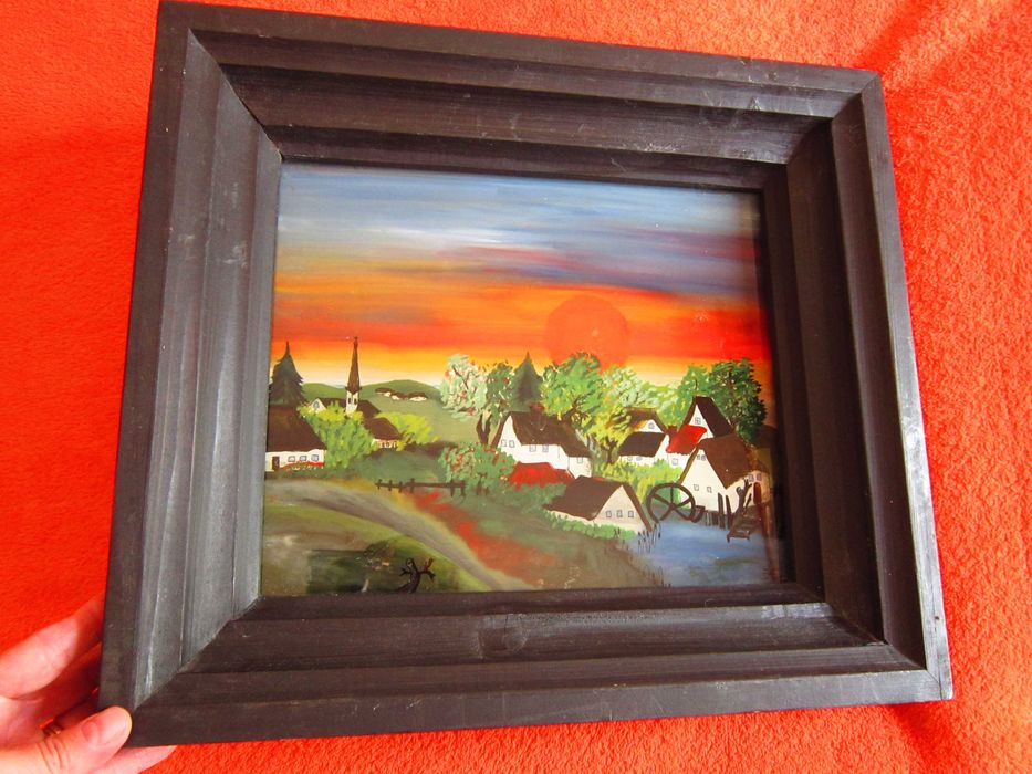 Craciun cadou rar Biserica si moară la apus semnat pictura sticla