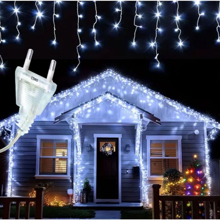 Коледна украса LED ресни 12 метра – водоустойчива инсталация с 8 режим