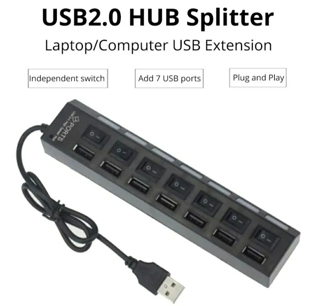 USB хъб разклонител със 7 порта, LED и допълнителна защита