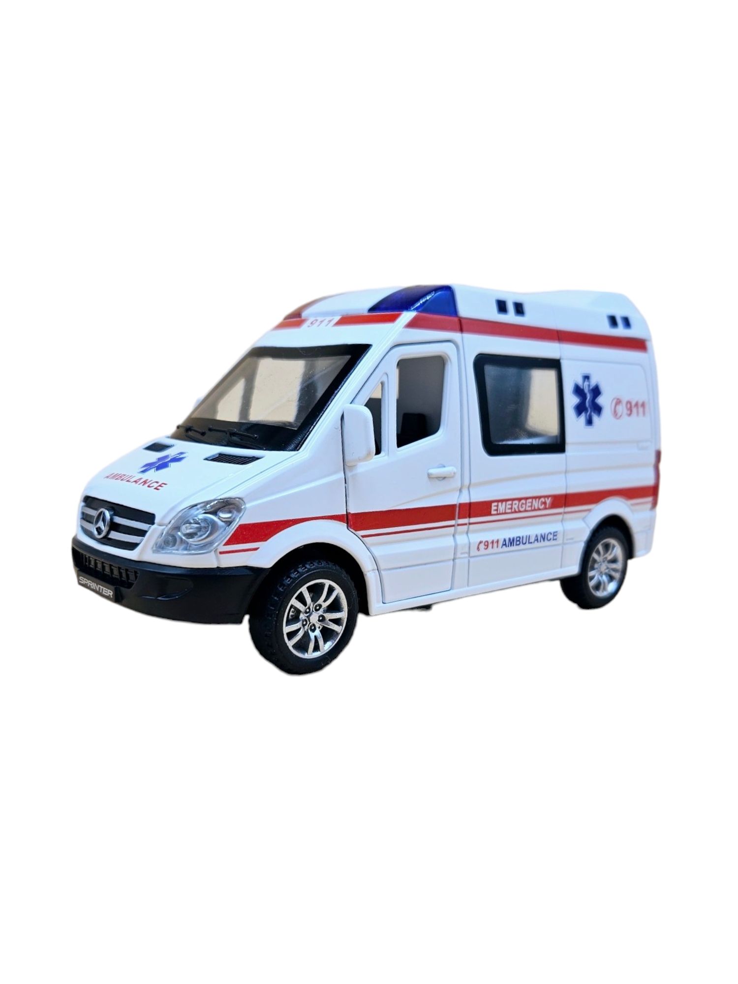 Ambulanta din metal, Mercedes cu 3 figurine,Sunete si lumini,15cm,Alb