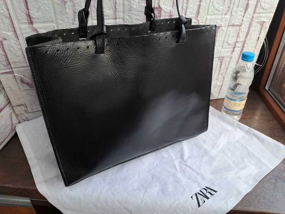 дамска чанта ZARA,черна кожена чанта,зара-естесвена кожа