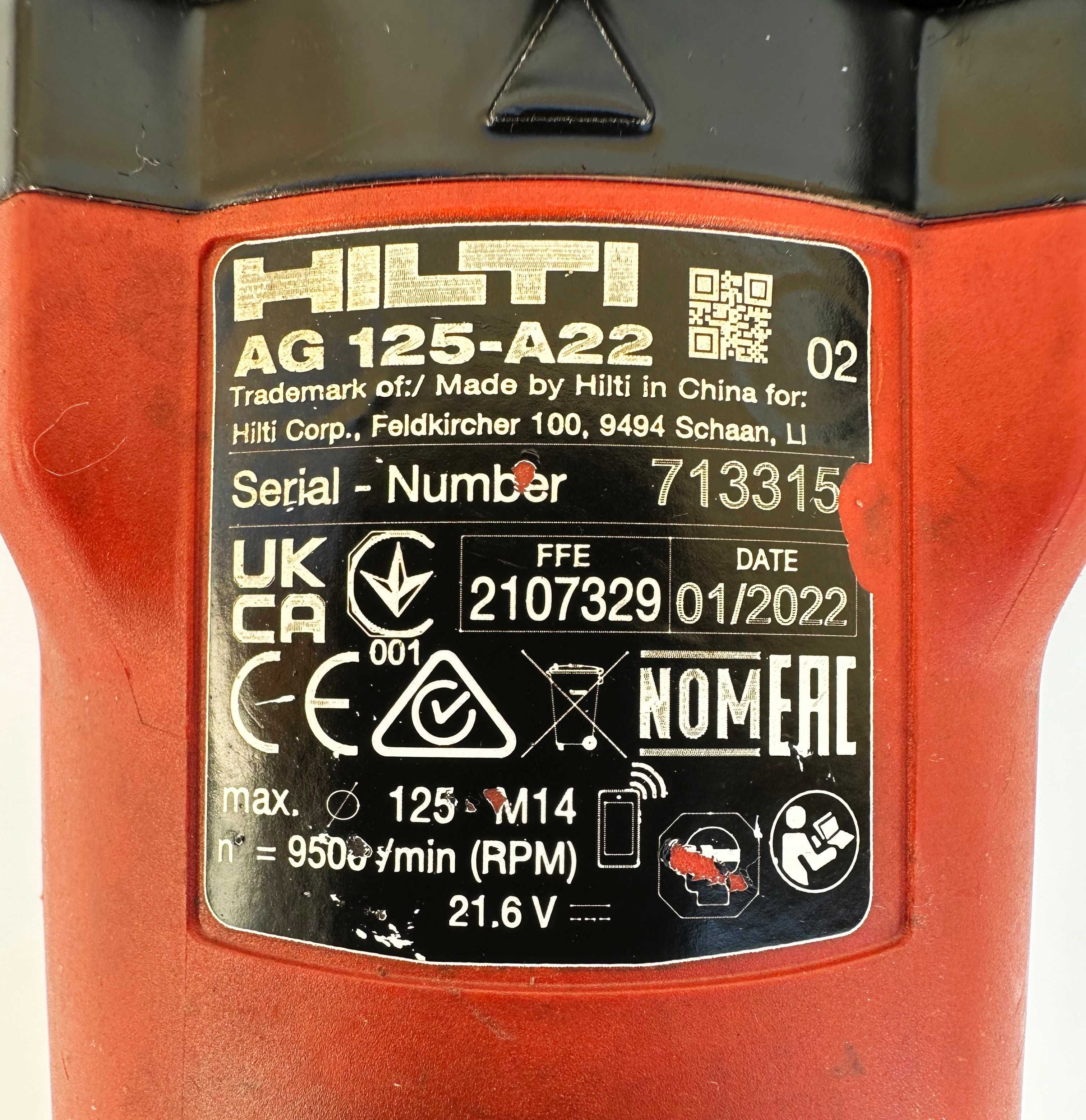 HiLTi AG 125-A22 - Безчетков акумулаторен ъглошлайф 22V 2022г.