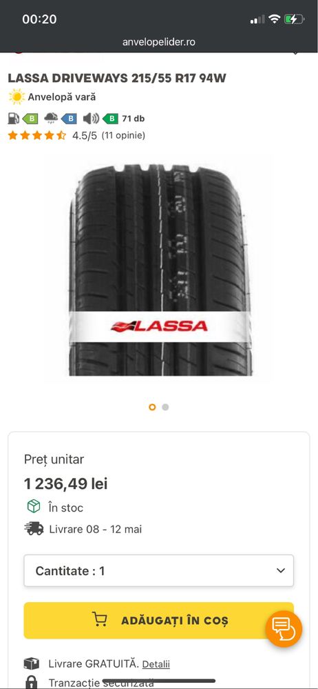 Vand 4 anvelope vara lassa driveways 215 55 R17 , 1200 lei