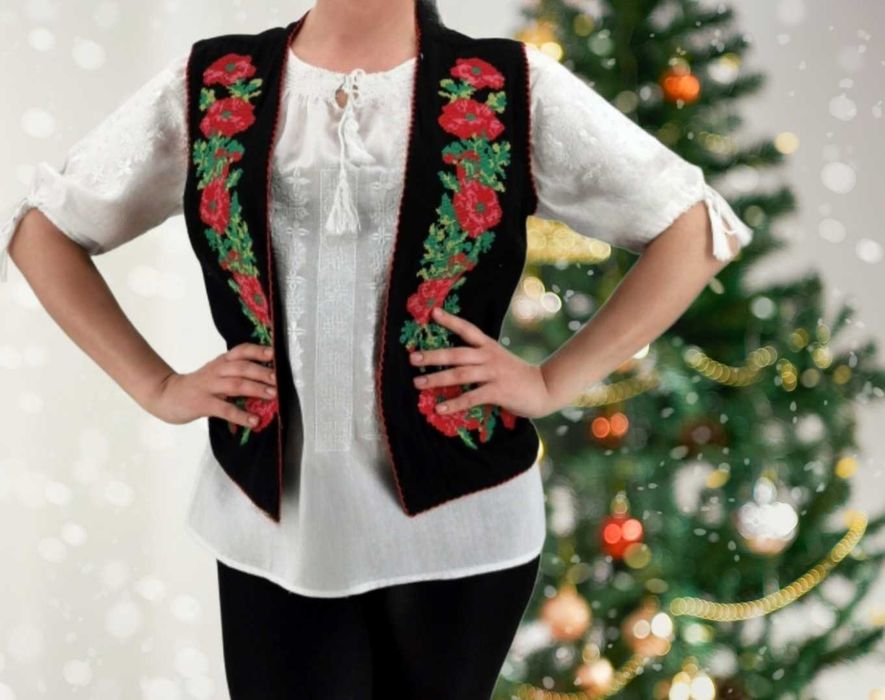 Vestă XL, bumbac, tradițională, cu trandafiri roz