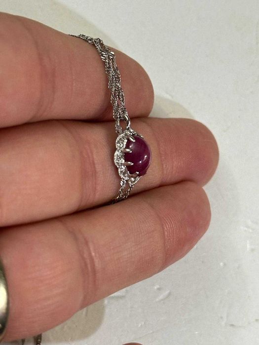 LANT + PANDANTIV AUR alb 18K + 8 Diamante + 1 Rubin Caboson - Vintage