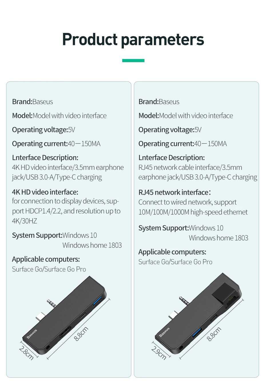 Baseus Hub for Surface Go Pro / PD 60W/ HDMI 4K-30Hz/RJ45 Gigabit