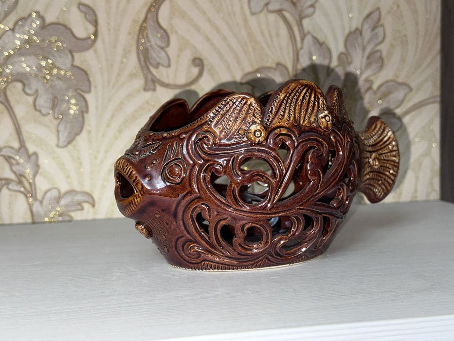Конфетница "Рыба-шар", коричневая, сквозная резка, керамика, 11 см