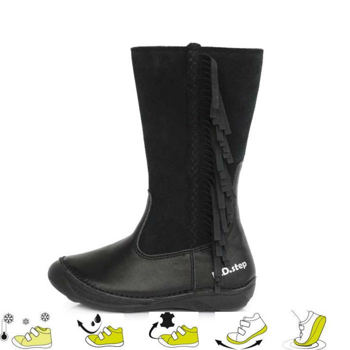 Cizme fete DD Step, din piele, cu franjuri, imblanite