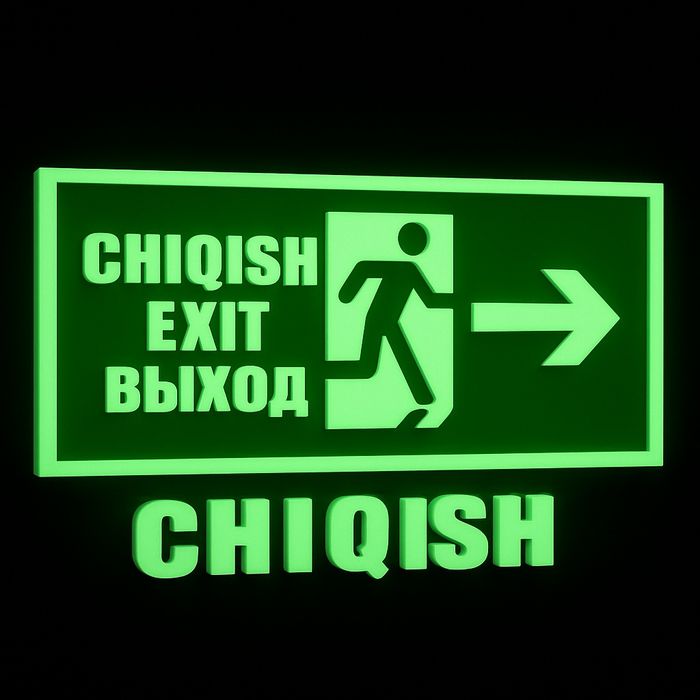 Табличка «EXIT / ВЫХОД / CHIQISH» (стрелка влево)