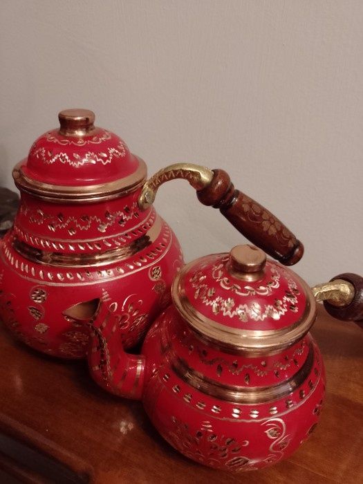 Superb set ceainic etajat în stil oriental din cupru gravat și email l