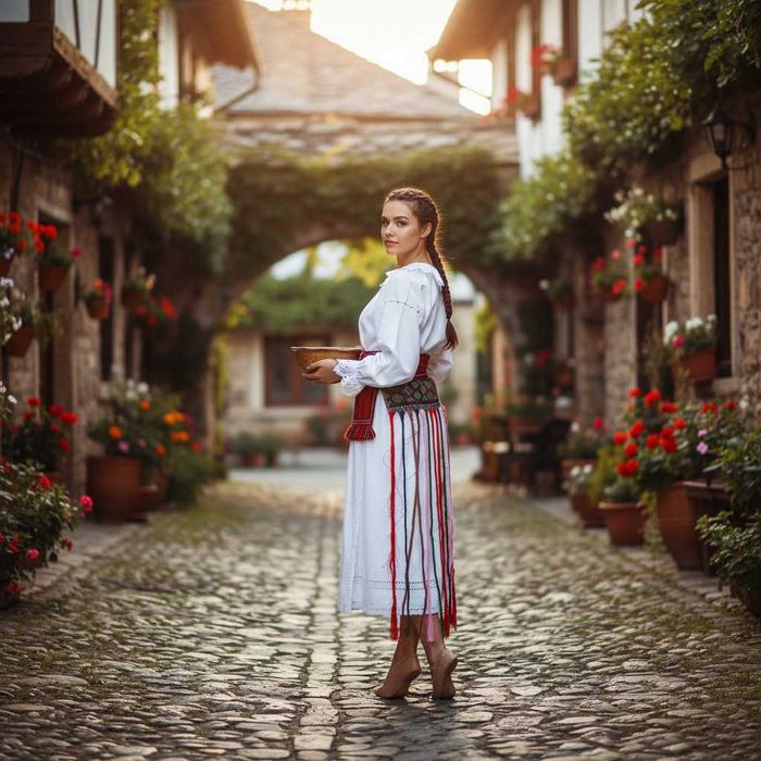 Costum popular Banat cu opreg cu ciucuri masura, port popular vechi 36