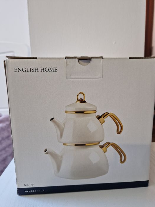 Set ceainic dublu English Home – ceramică albă cu detalii aurii