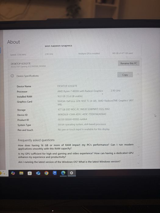 Vand laptop asus tuf gaming a15 rayzen 7 4000 series