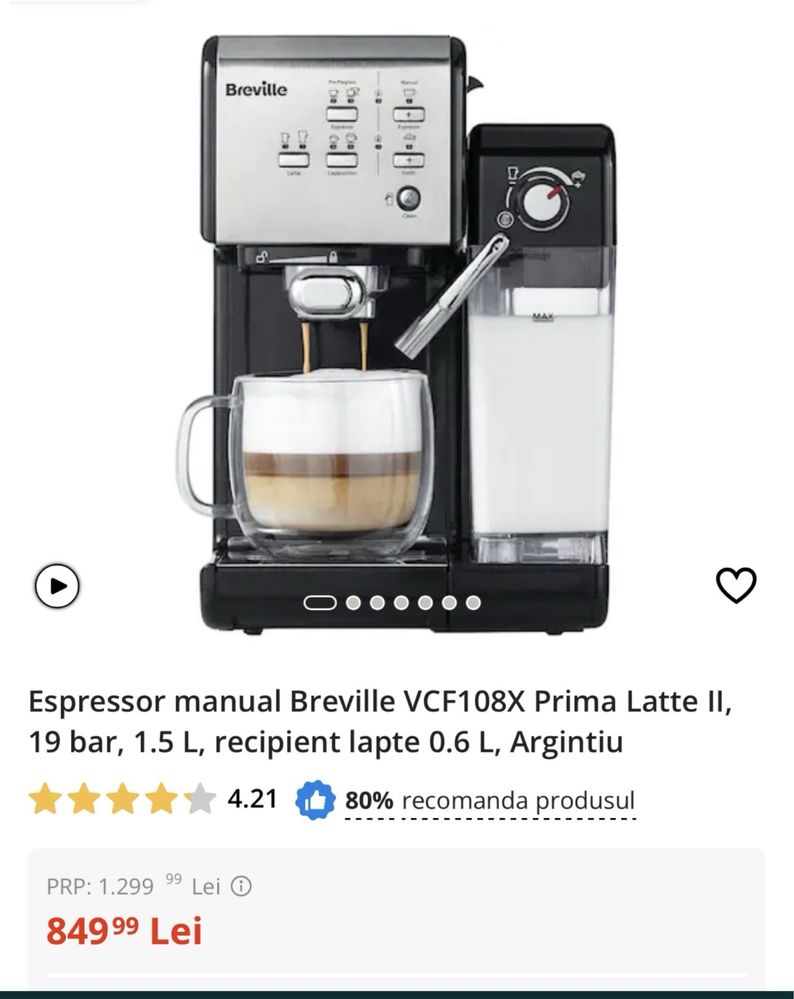 Aparat cafea Espressor manual Breville Prima Latte II, 19 bar, 1.5 L