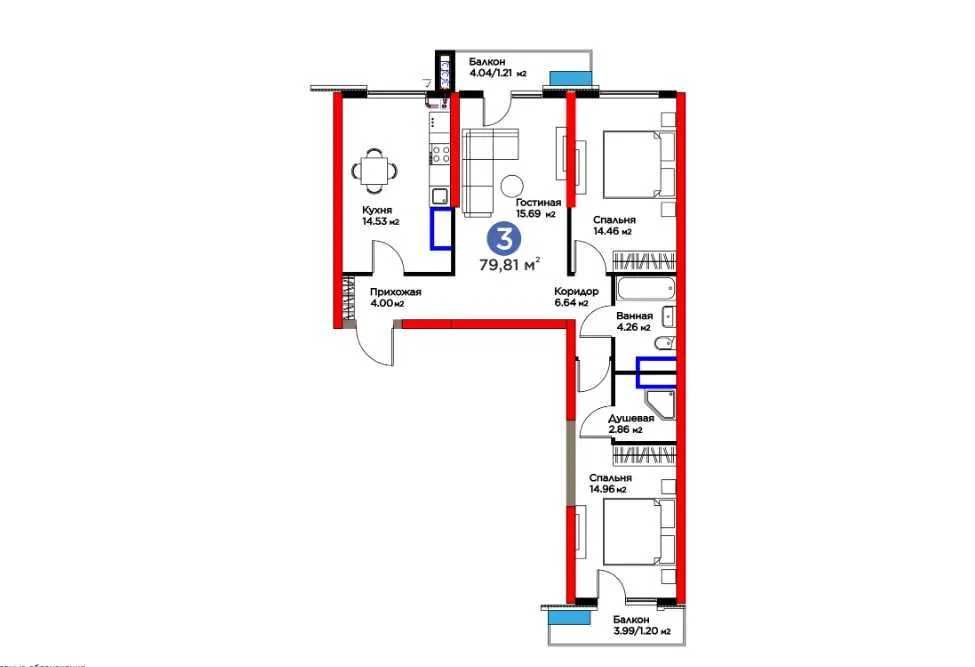 ЖК BI SAN`AT 3-к квартира 79,81 м2. г. Ташкент, ул. Фергана йули
