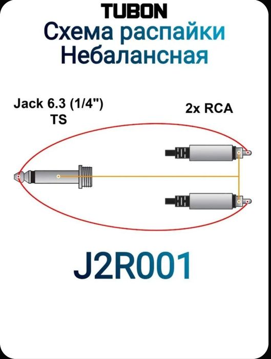2RCA – 6.3мм Mono Jack аудиокабель TUBON | Новый, 1.5 метра